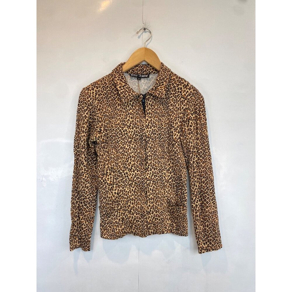 VTG Betsey Johnson Women's Zip Up Collared Jacket Leopard Print Rayon Stretch 4